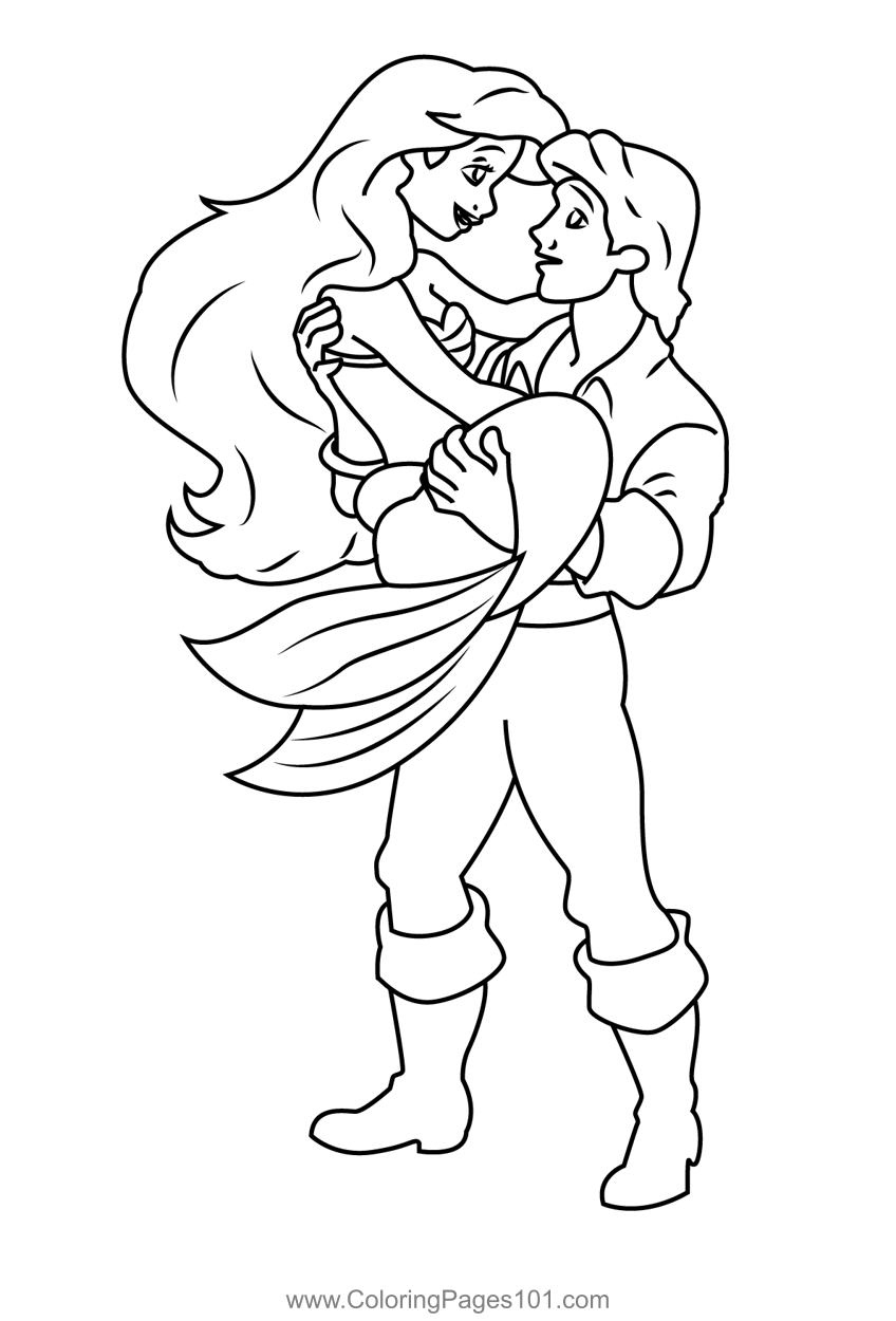 Ariel with prince eric coloring page for kids