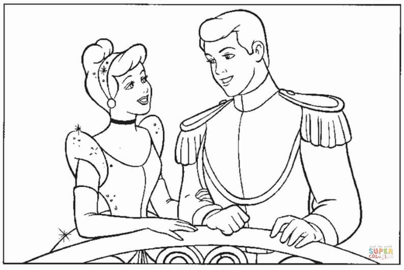 Cinderella and the prince in the party coloring page free printable coloring pages