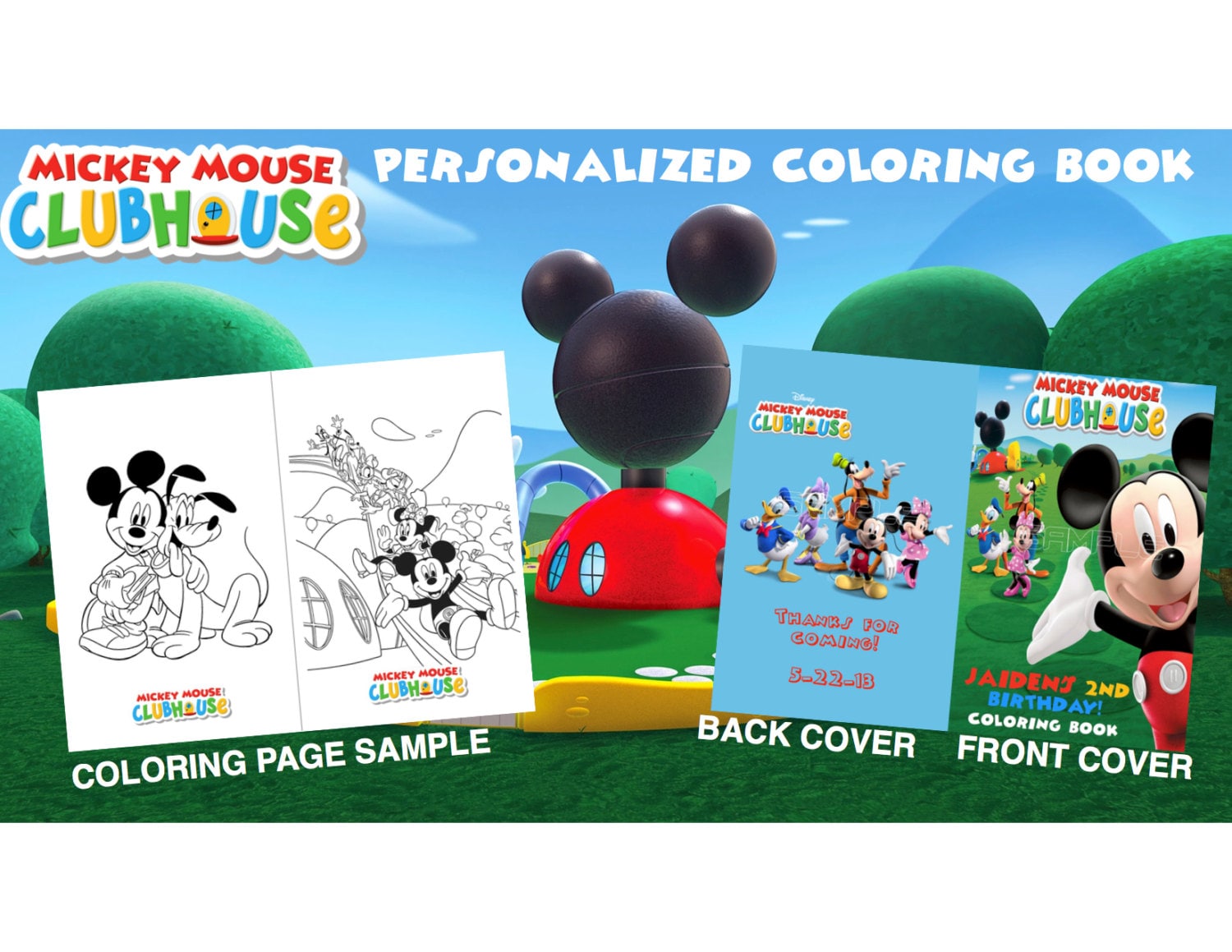 Mickey mouse clubhouse personalized coloring book digital birthday party coloring book