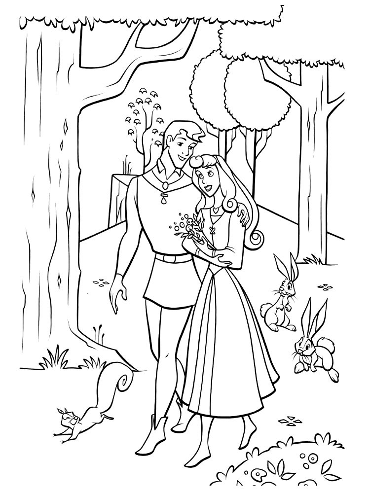 The sleeping beauty and the prince walking in the afternoon coloring page