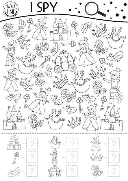 Premium vector black and white fairytale fantasy i spy game for kids searching counting activity with castle princess prince magic kingdom printable worksheet or coloring page simple fairy tale puzzlexa