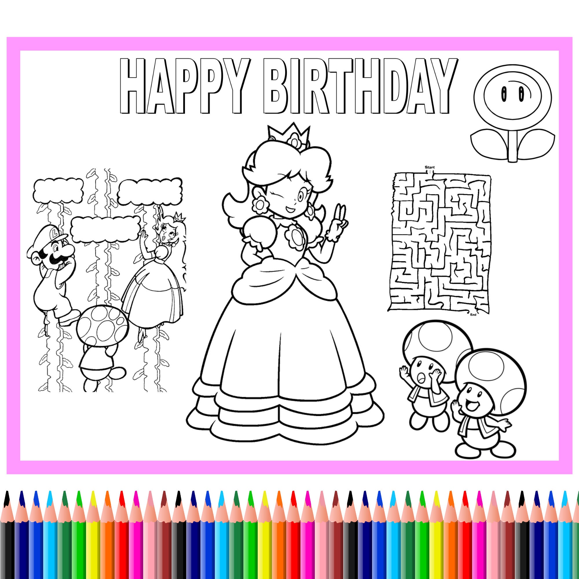 Princess peach coloring placemat party activity sheet kids coloring page printable file digital pdf