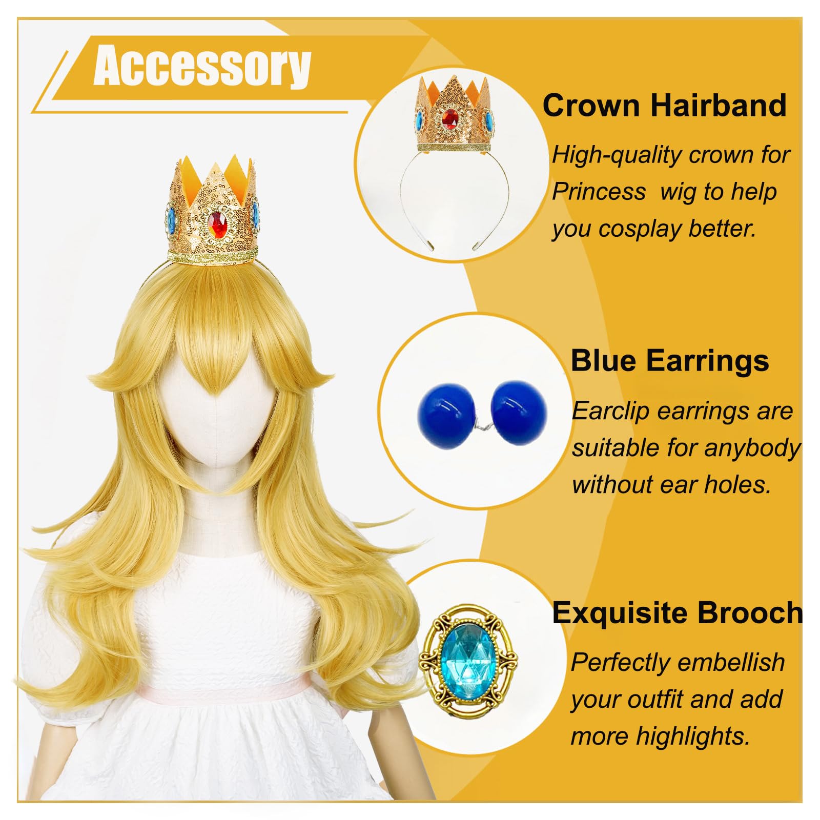 Aicos golden wavy wig with earrings and crown blonde long curly princess cosplay wig for kids halloween costume everything else