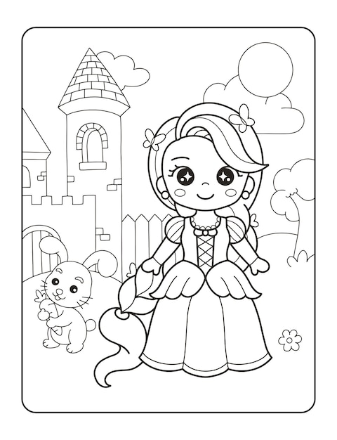 Premium vector beautiful princess with cute bunny printable coloring page