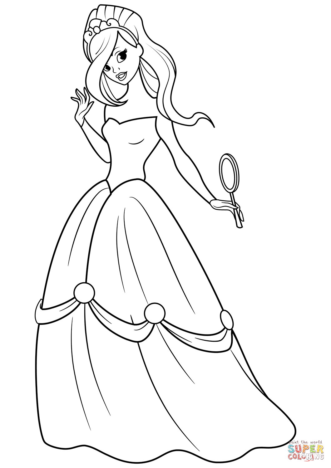 Beautiful princess with mirror in her hand coloring page free printable coloring pages