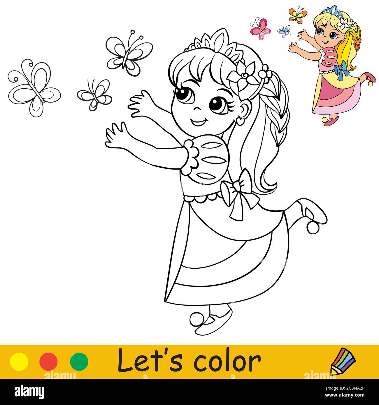 Cute little princess in dress catches beautiful butterflies coloring book page with colorful template for kids vector isolated illustration for col stock vector image art