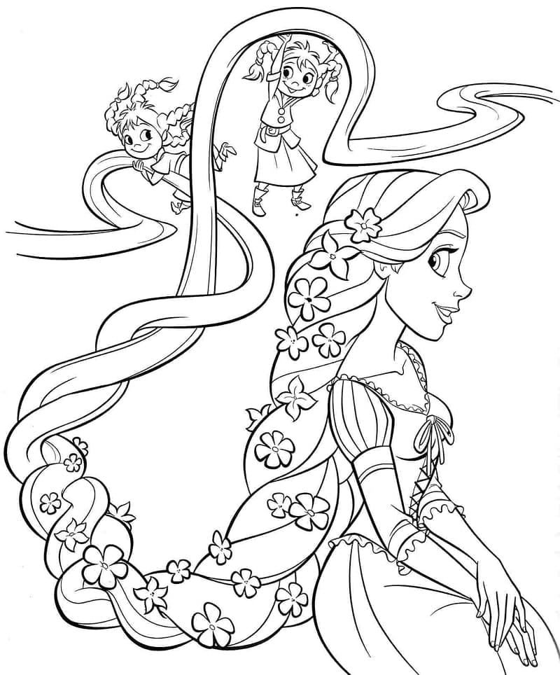 Princess rapunzel and little girls coloring page