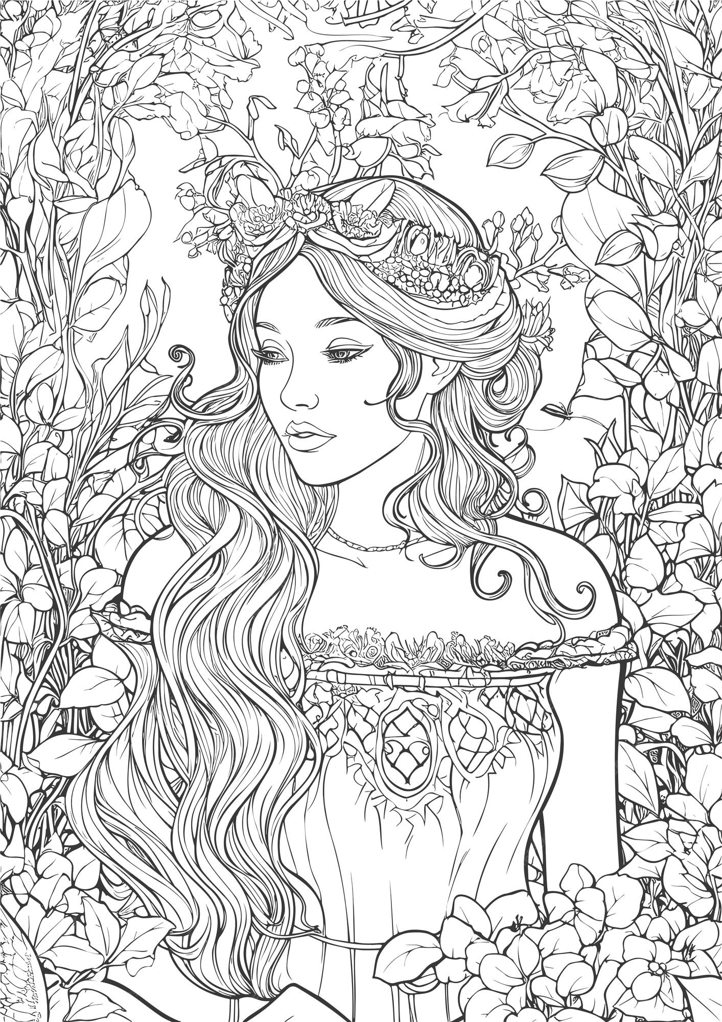 Premium vector enchanted realm princess in garden coloring book pages