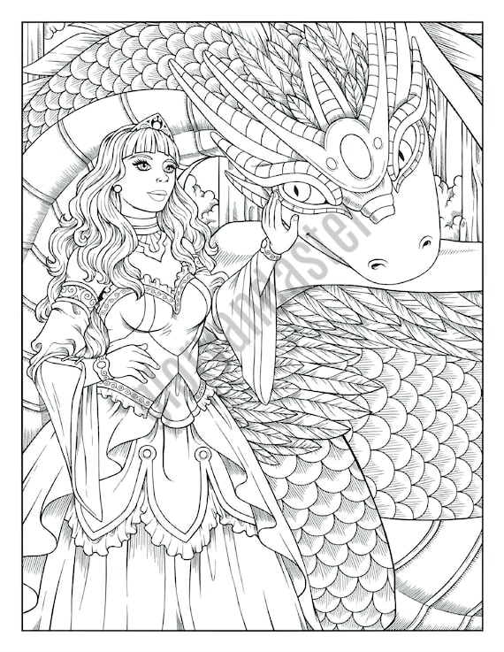 Dragon princess coloring page printable adult coloring page adult coloring page fantasy coloring page dragon cute pdf