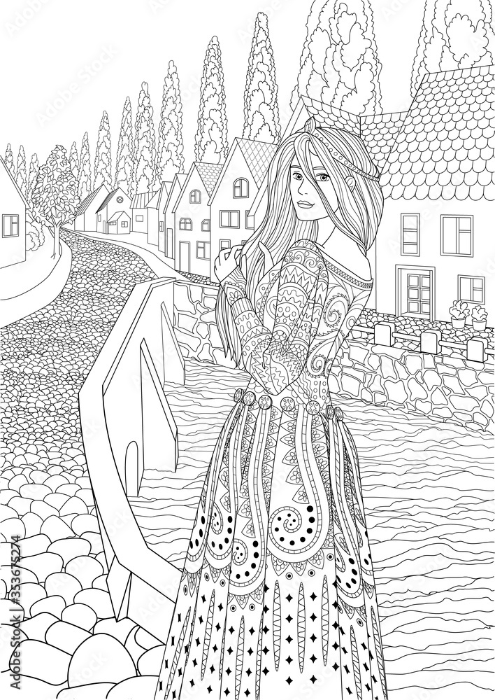 Coloring book for adults with beautiful medieval princess dressed in historical outfit stading in the cute european village vector