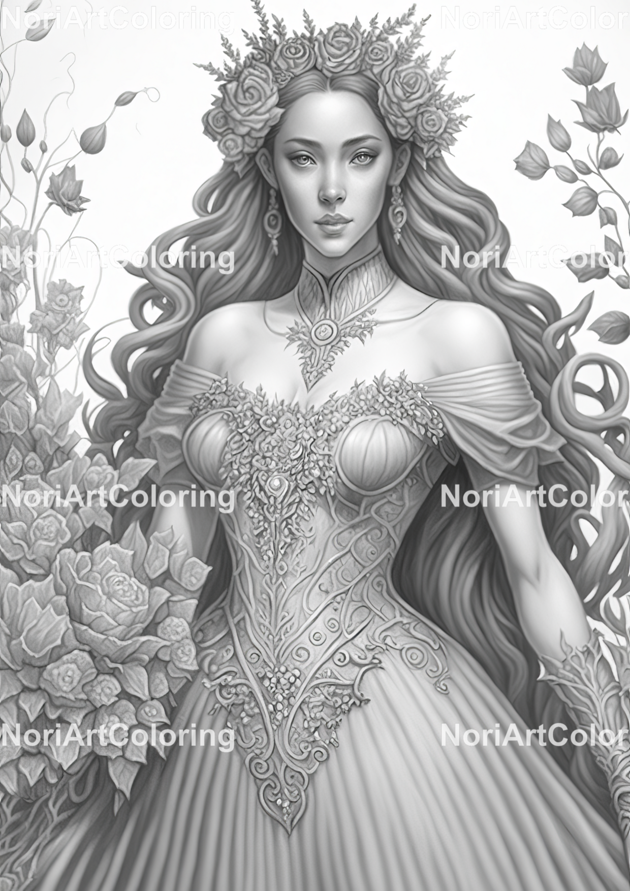 Floral princess vol coloring pages printable adult coloring pages download grayscale illustration printable