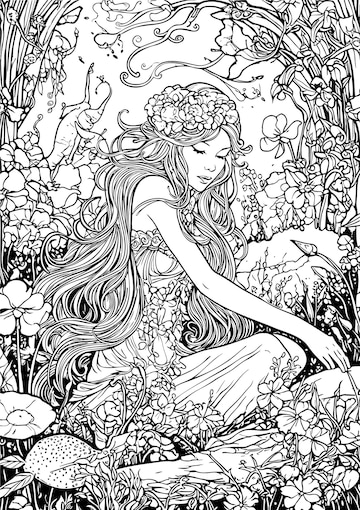 Premium vector enchanted realm princess in magical forest coloring book pages