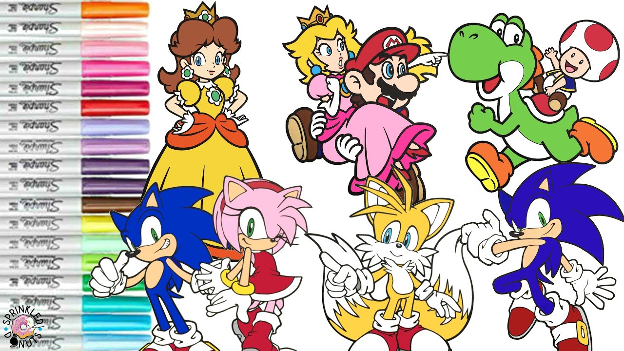 Super ario bros sonic the hedgehog coloring book pages ario princess peach sonic ay rose tails