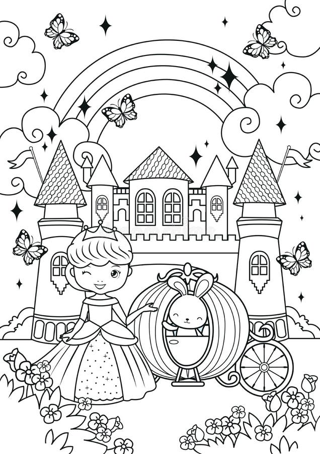 Princess and bunny in the castle coloring pages stock vector