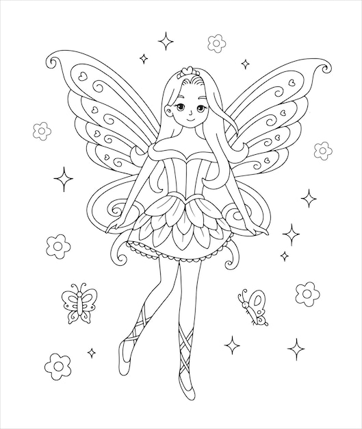 Premium vector printable beautiful fairy coloring page