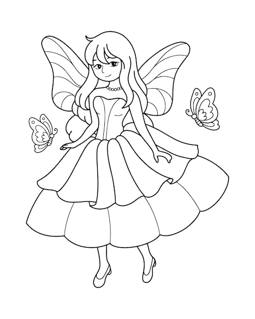 Premium vector beautiful princess fairy with butterfly coloring page illustration