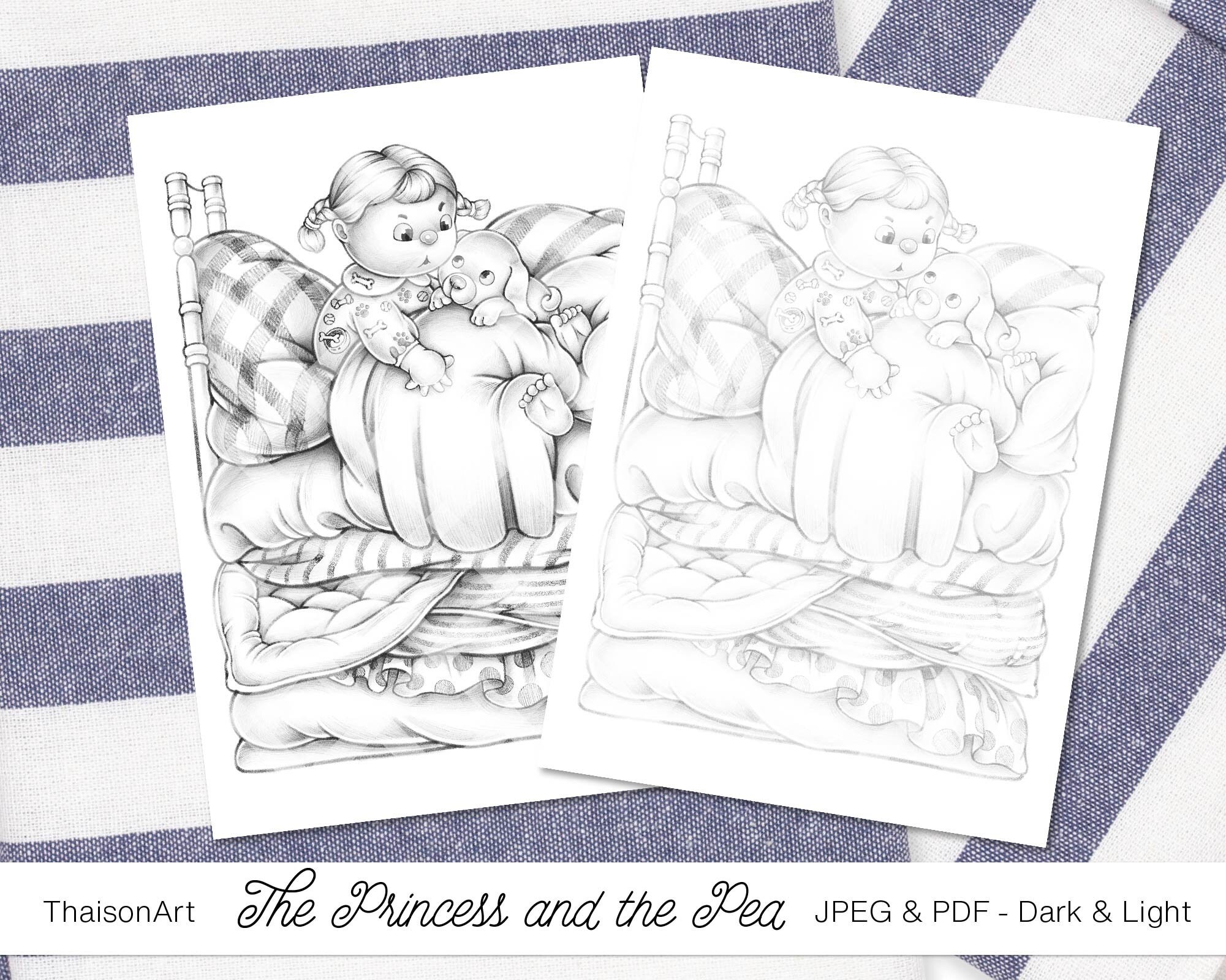 The princess and the pea cute coloring pages for adults kids coloring page printable grayscale fairy tale illustration little girl dog instant download