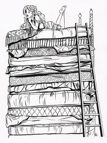 Princess and the pea book art black and white drawing