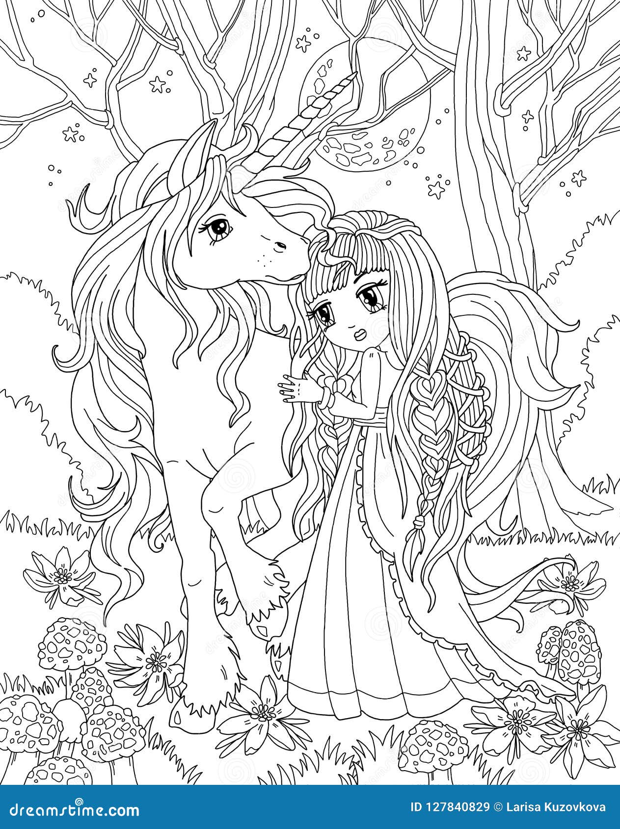 Coloring page the unicorn and princess stock illustration