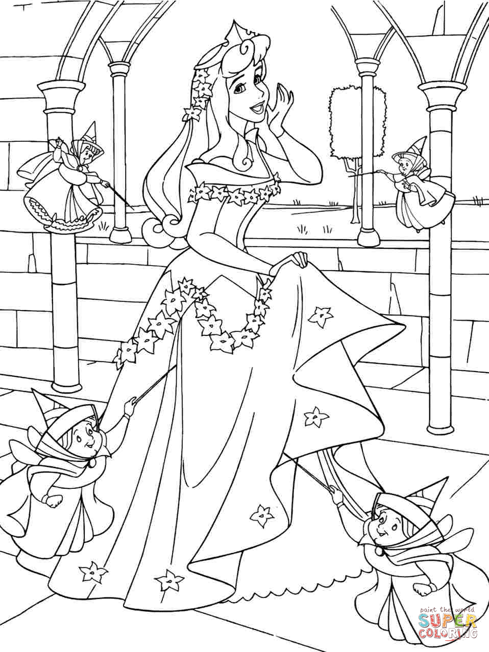 Princess aurora with good fairies coloring page free printable coloring pages