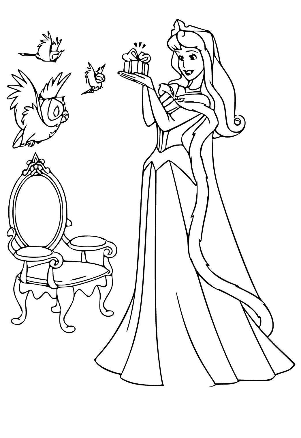 Free printable princess aurora birds coloring page for adults and kids