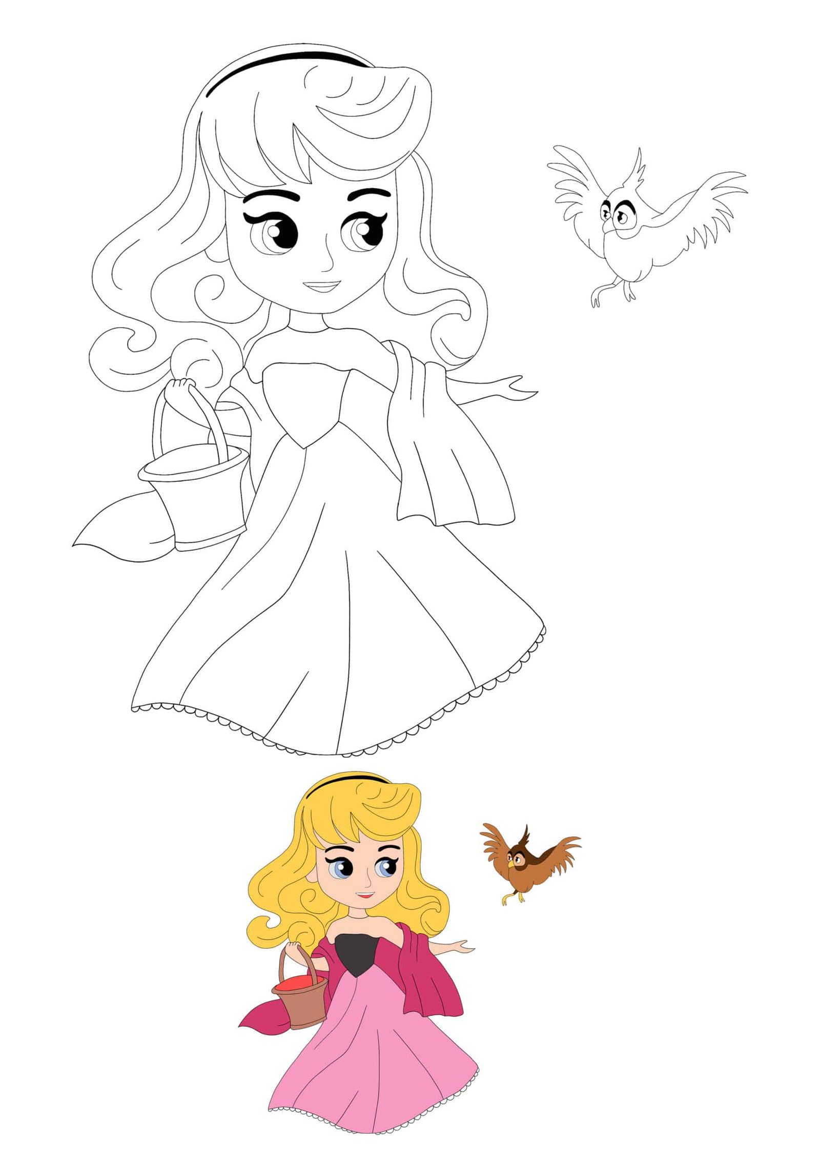 Disney princess aurora with bird coloring pages