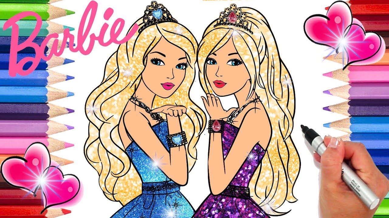 Barbie princess twins beautiful sparkle dress coloring page barbie coloring book barbie coloring