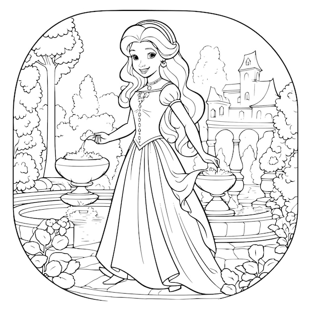 Premium vector beautiful princess in garden coloring pages drawing for kids