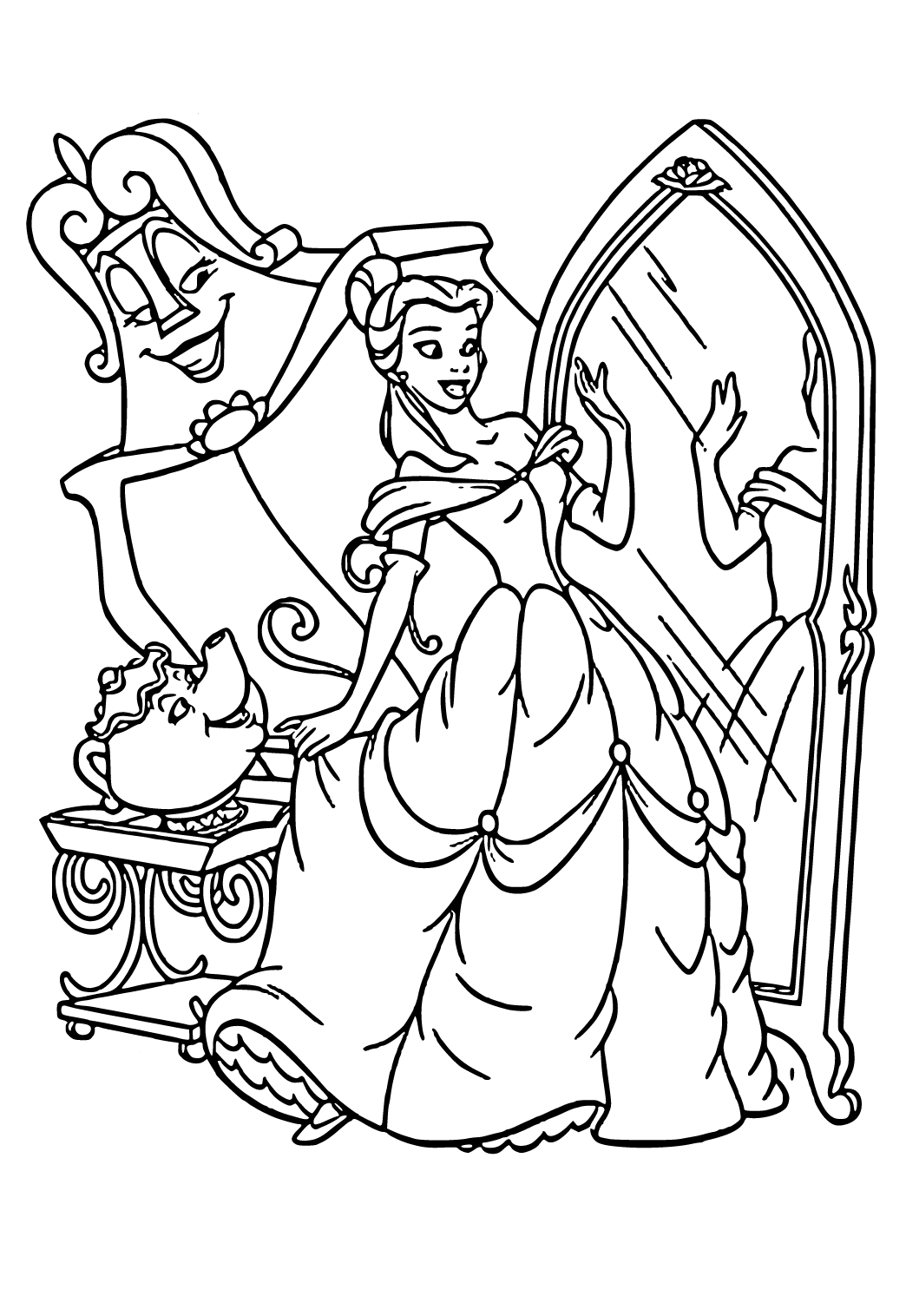 Free printable princess belle mirror coloring page for adults and kids