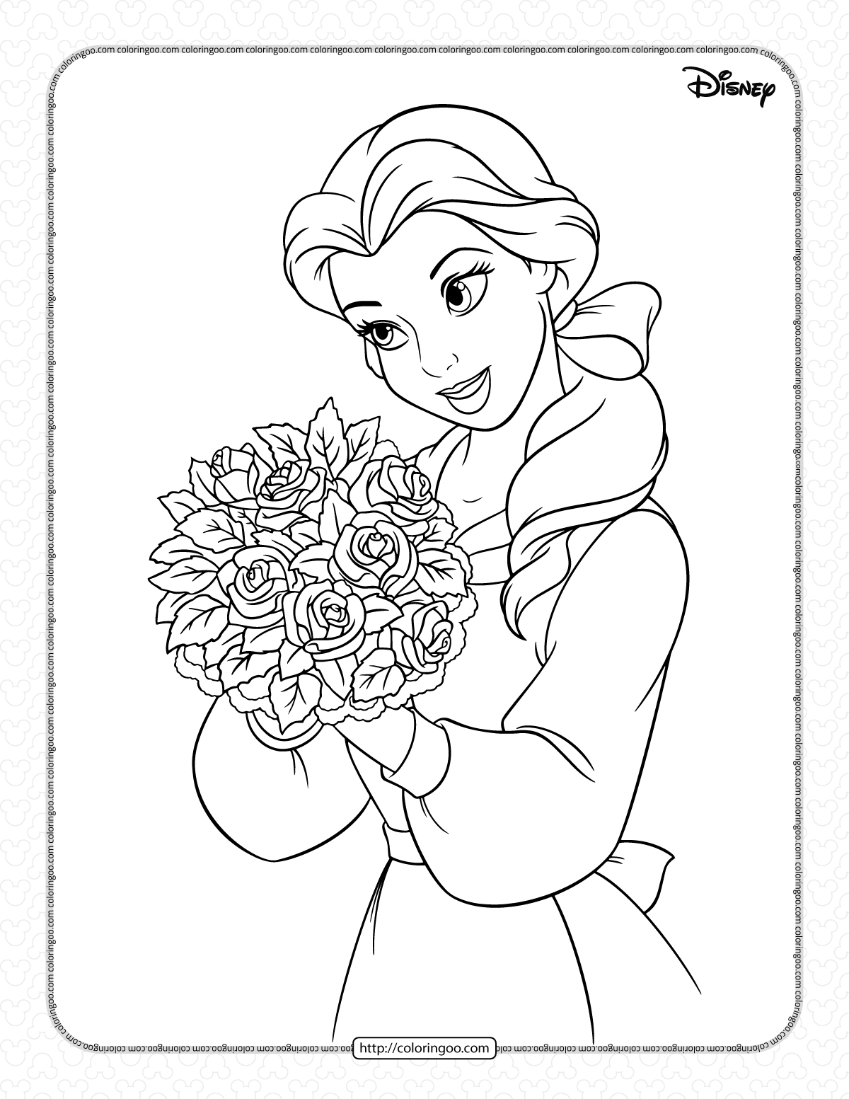 Belle with a bouquet of roses coloring page