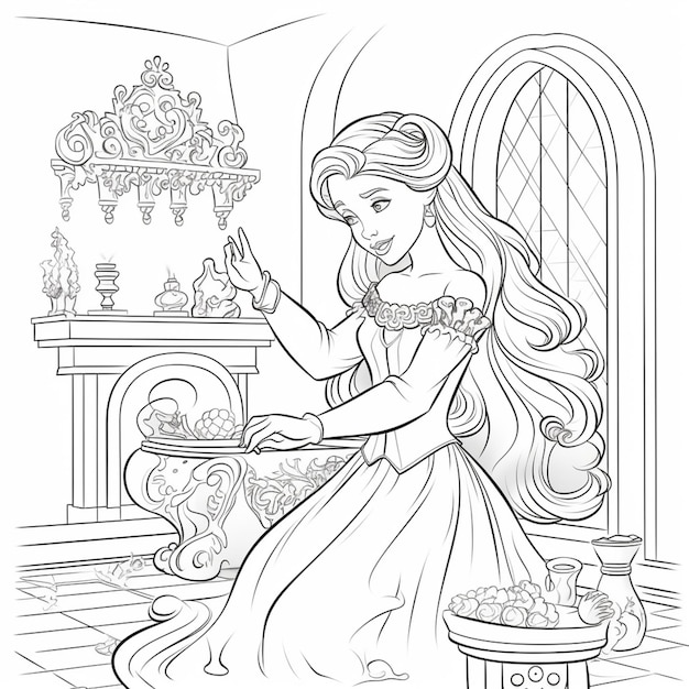 Premium ai image a coloring page of a princess in a dress with a candle generative ai