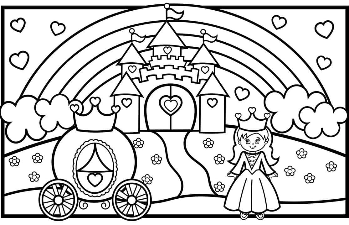 Cute princess and castle coloring page