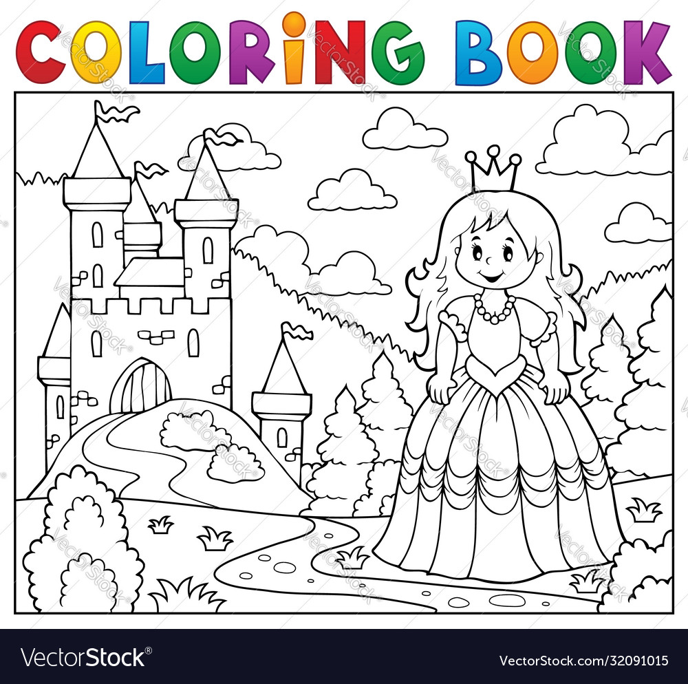 Coloring book princess near castle royalty free vector image