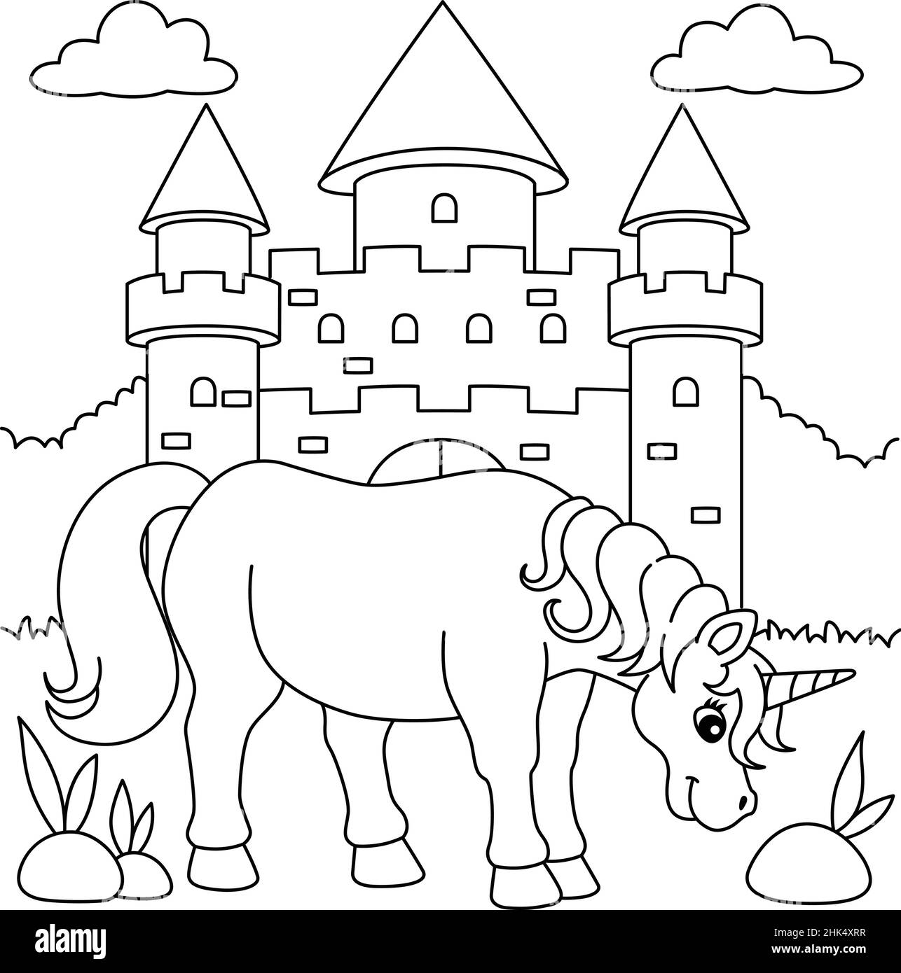 Unicorn castle coloring page for kids stock vector image art