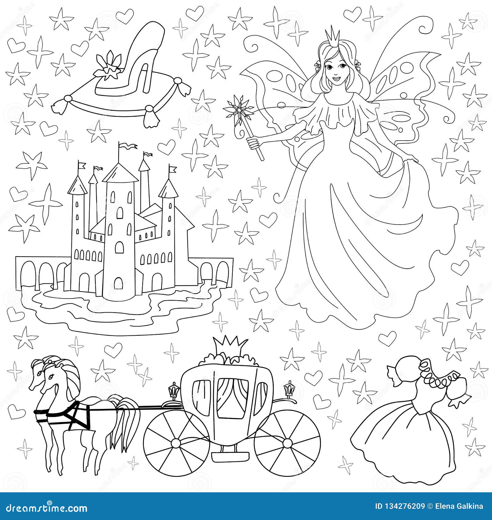 Fairy tale coloring page for kids vector illustration of princess castle and carriage stock vector