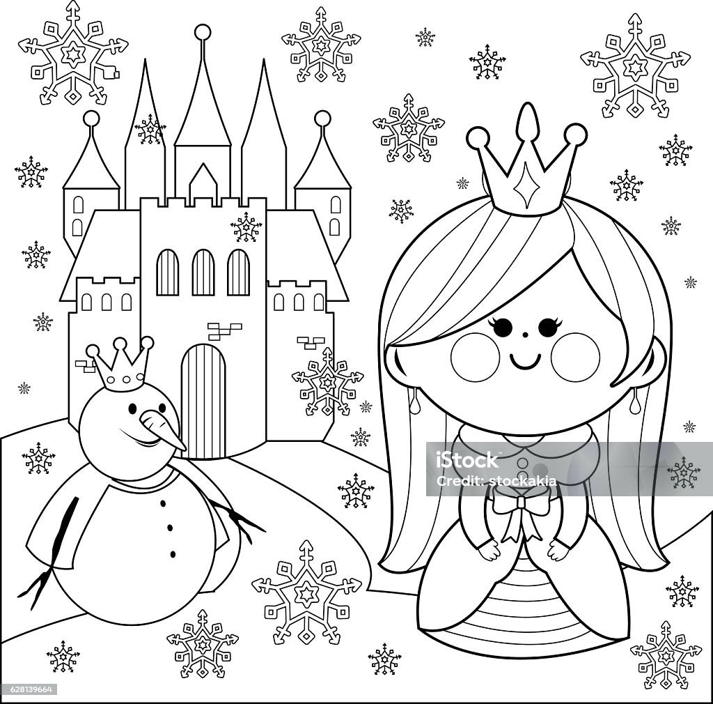 Princess castle and a snowman coloring book page stock illustration