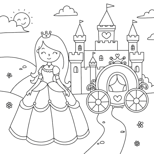 Premium vector coloring landscape beautiful princess with a carriage near the castle