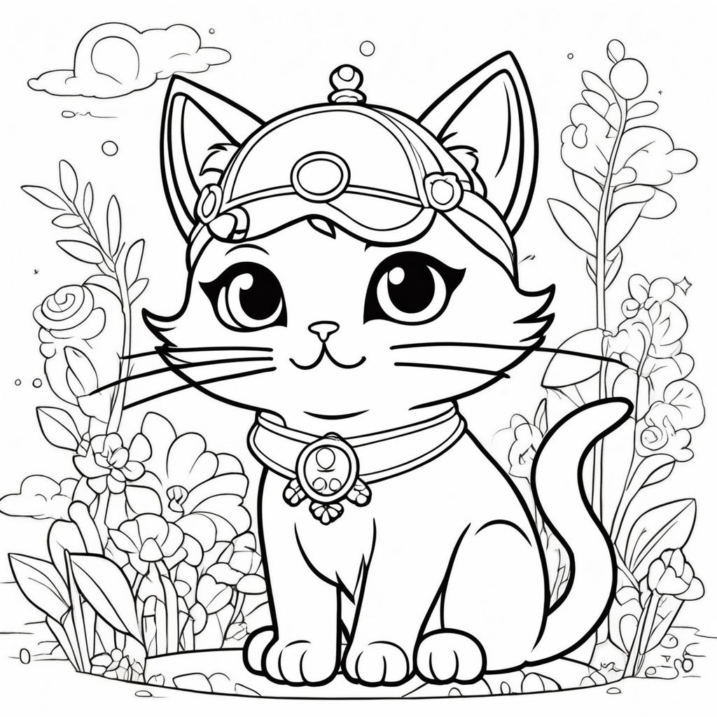 Coloring pages of a cute kawaii cat wearing witch hat