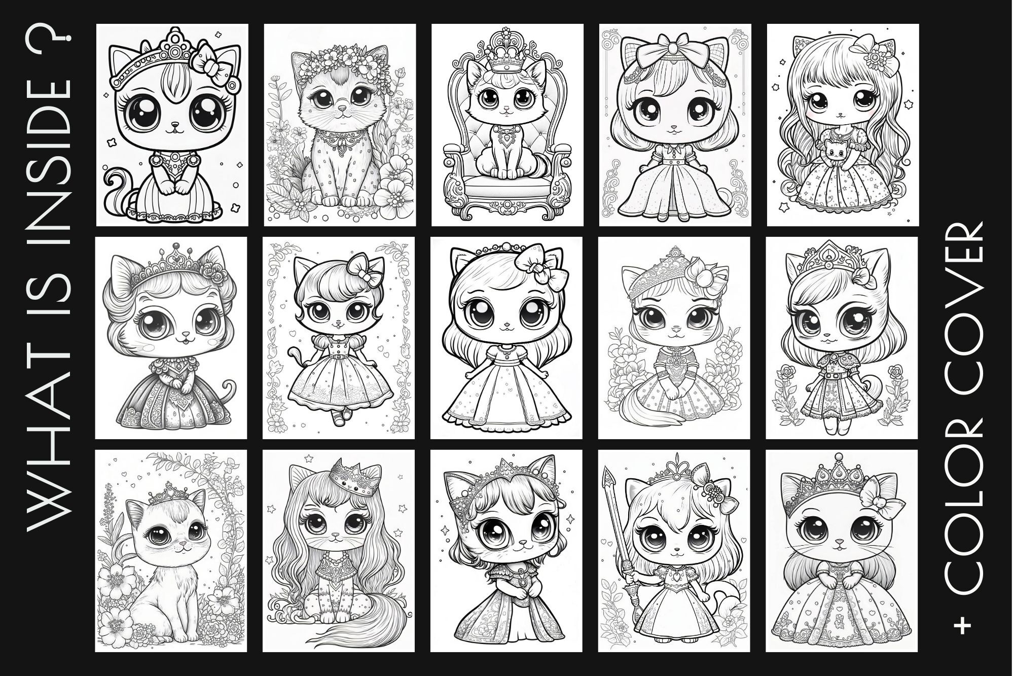 Princess cat coloring book printable coloring page bundle by orange brush studio