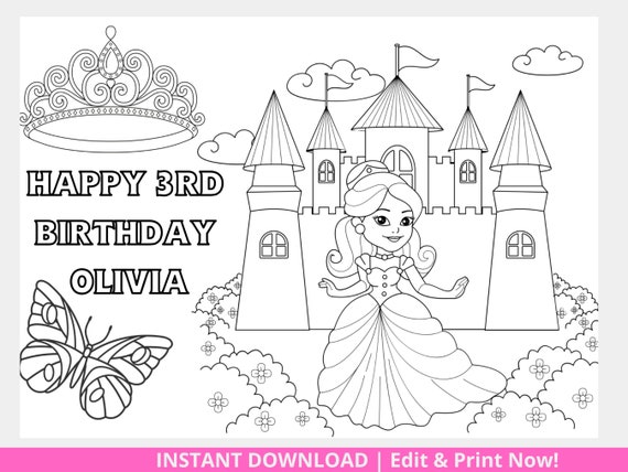 Princess coloring page personalized activity sheet a once upon a time theme party bag coloring sheet print at homedigital download download now