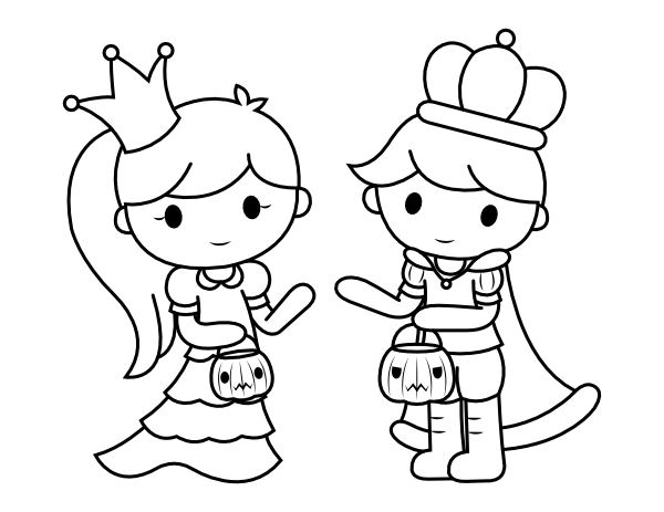 Printable prince and princess trick or treaters coloring page