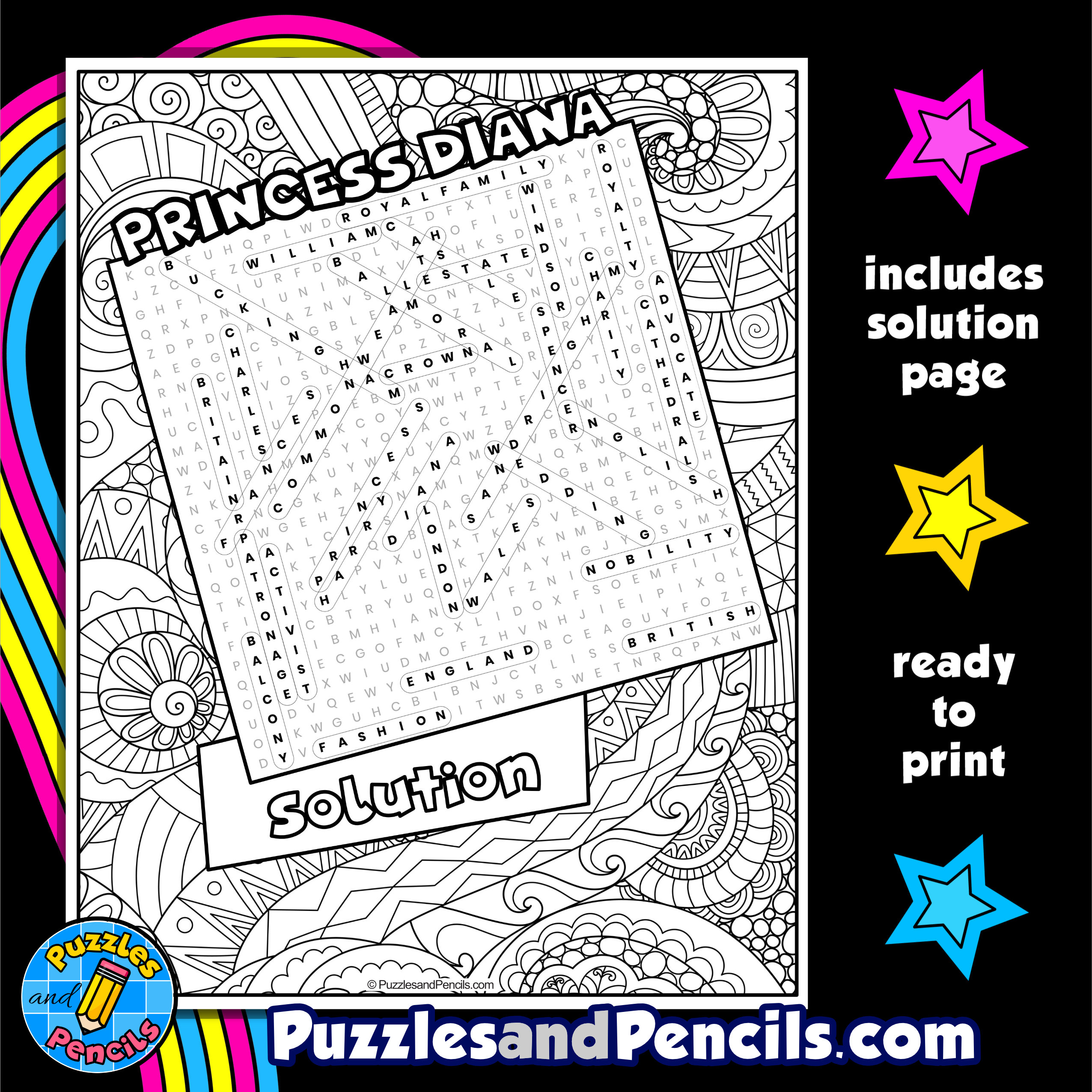 Princess diana word search puzzle activity page with coloring womens history month wordsearch made by teachers