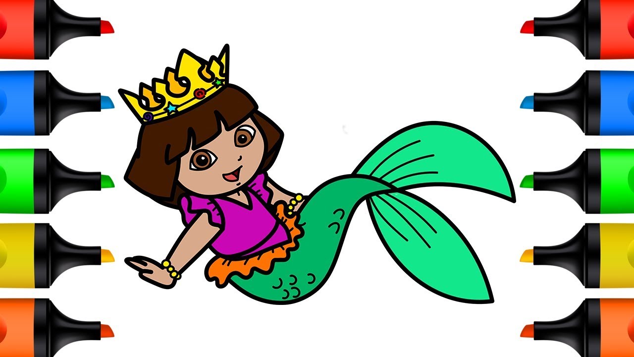 How to draw princess dora mermaid coloring pages for kids learn colors draw and color for children