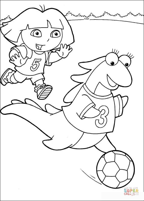 Dora and isa playing soccer coloring page free printable coloring pages