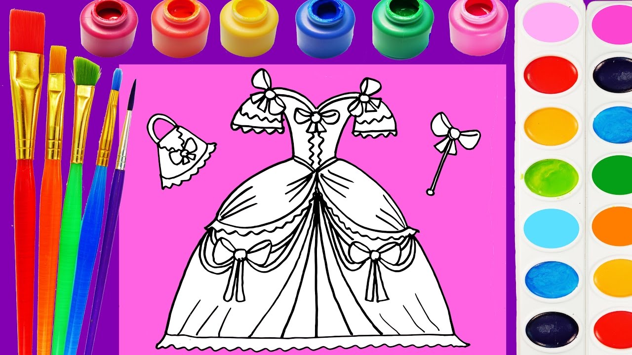 Princess dress coloring page for kids to learn colors for children