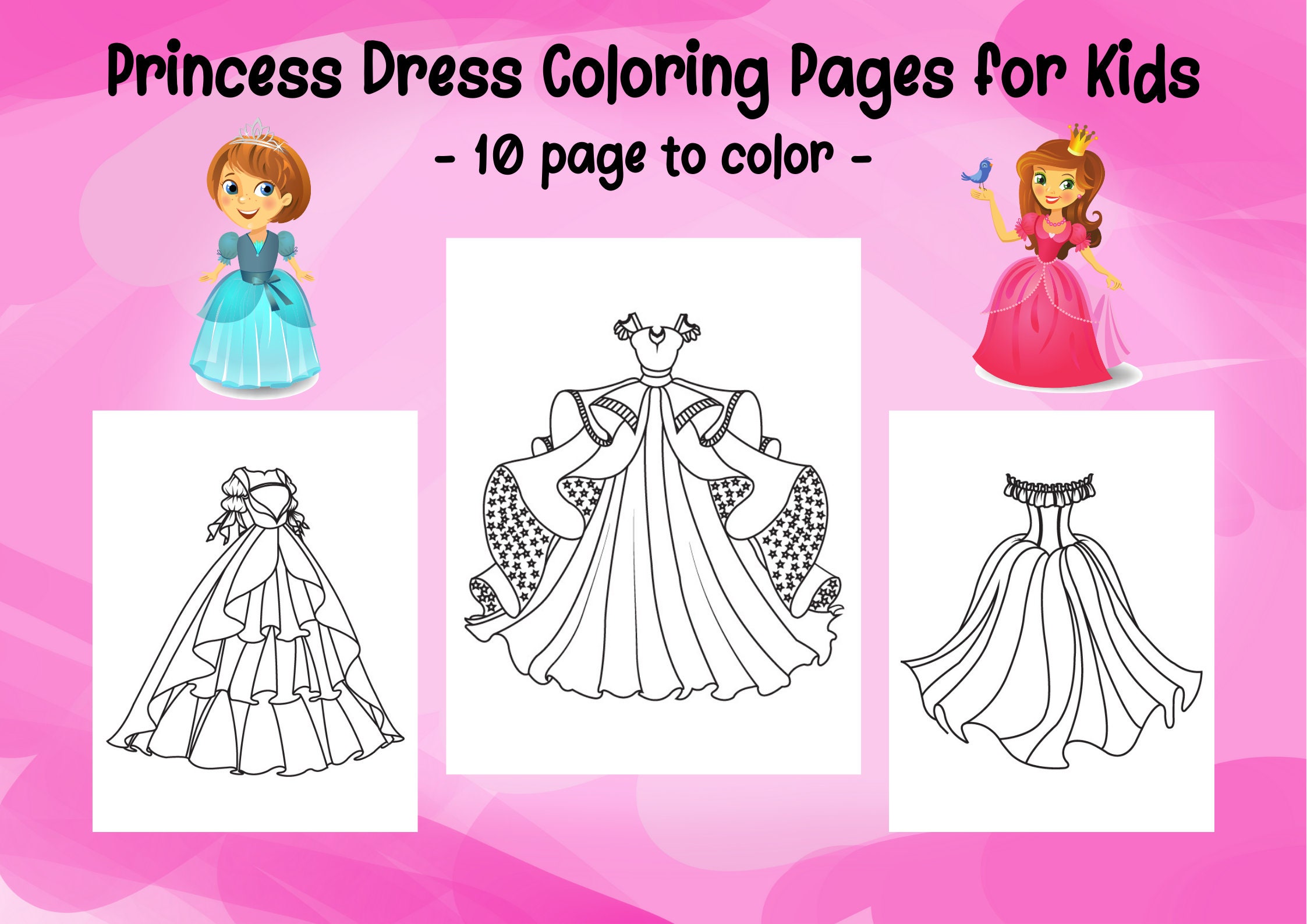 Princess dress coloring pages for girls printable pages pdf file digital download