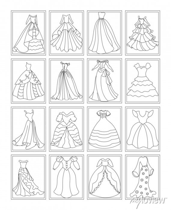 Pack of princess dress coloring pages wall mural â murals accessory garment fabric