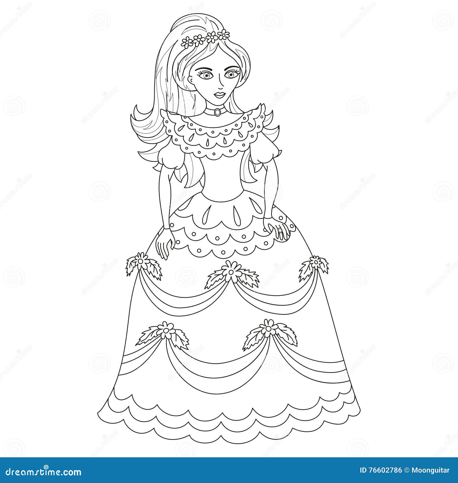 Beautiful princess in elegant dress coloring book page stock vector