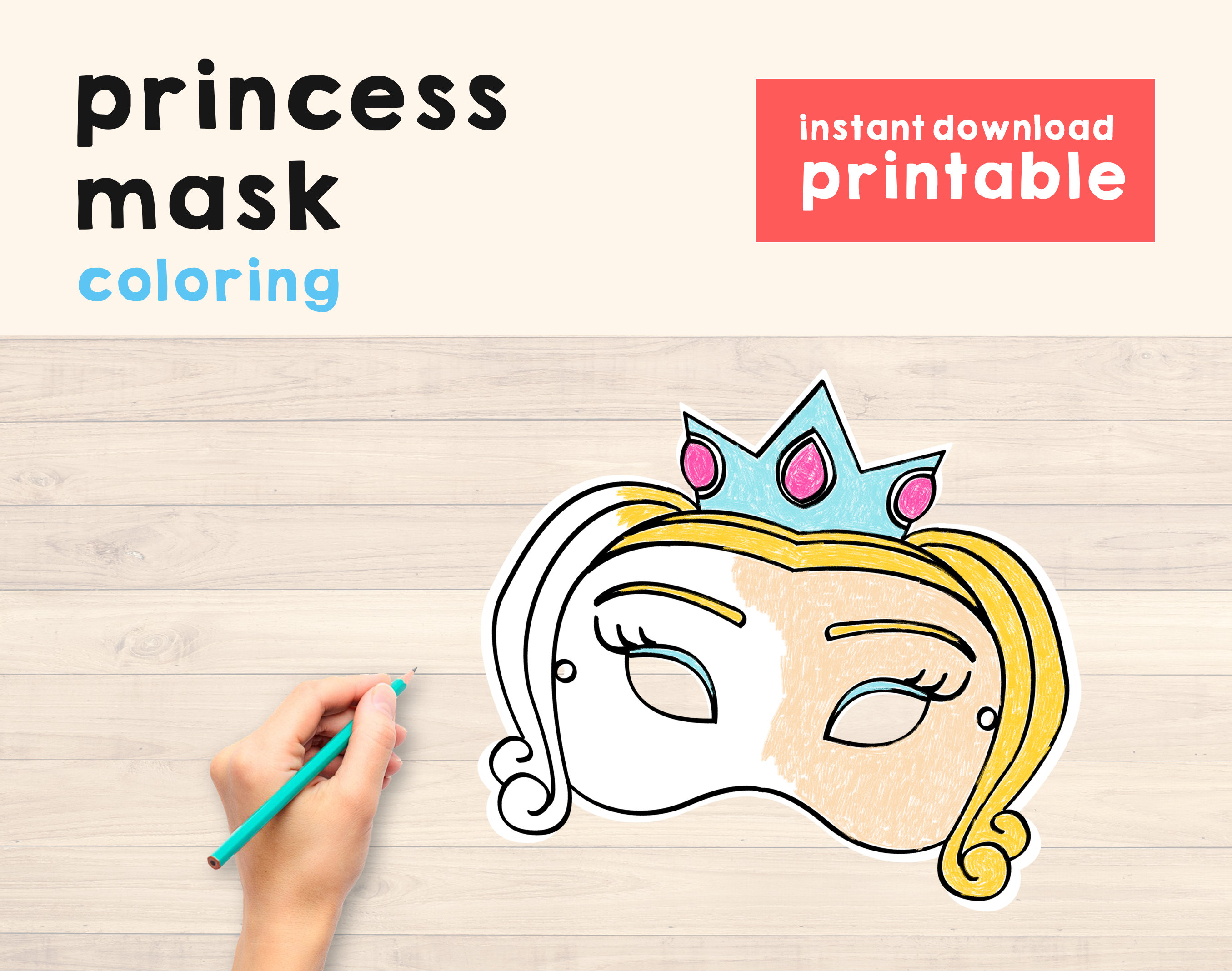 Princess mask printable coloring princess party favor princess printable kids party activity girl party kids party favor instant download