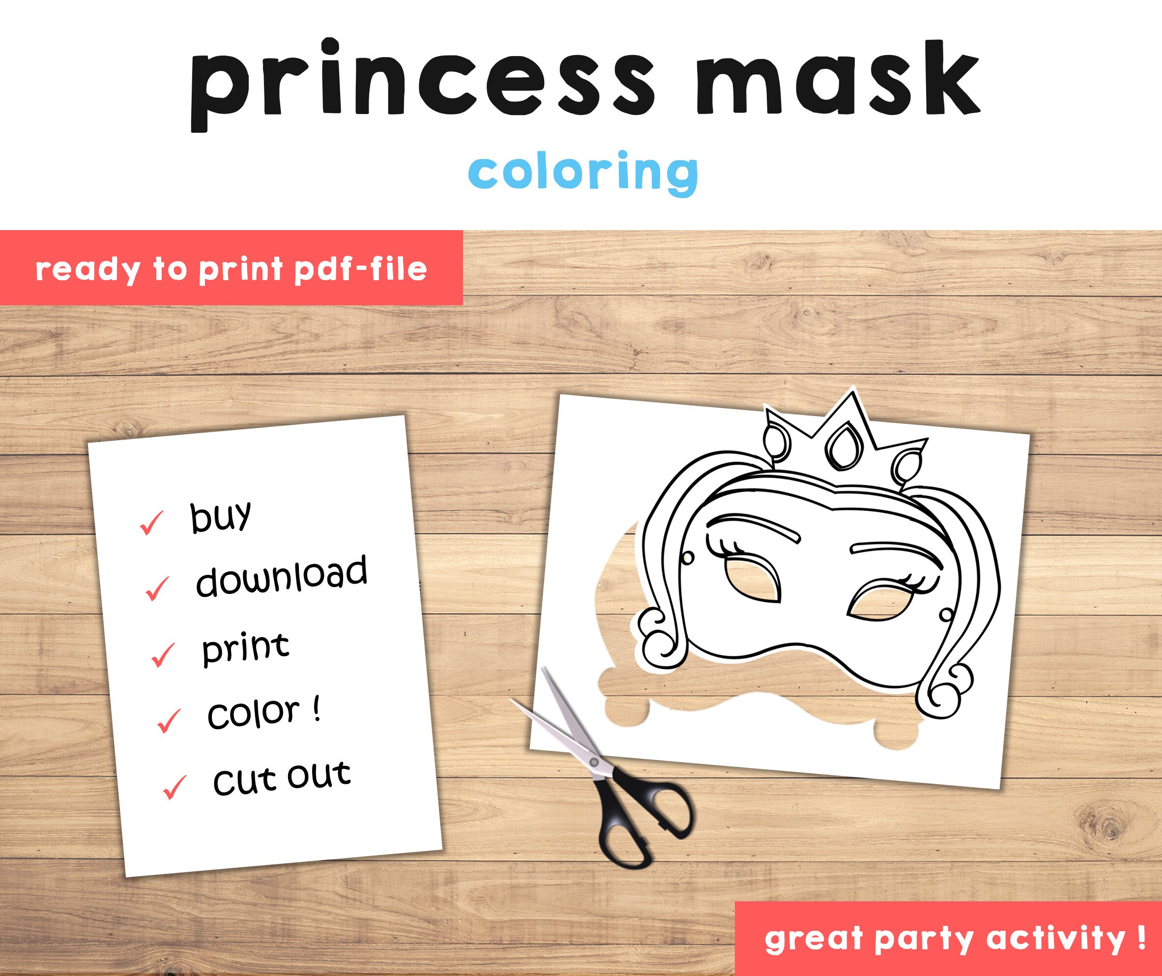 Princess mask printable coloring princess party favor princess